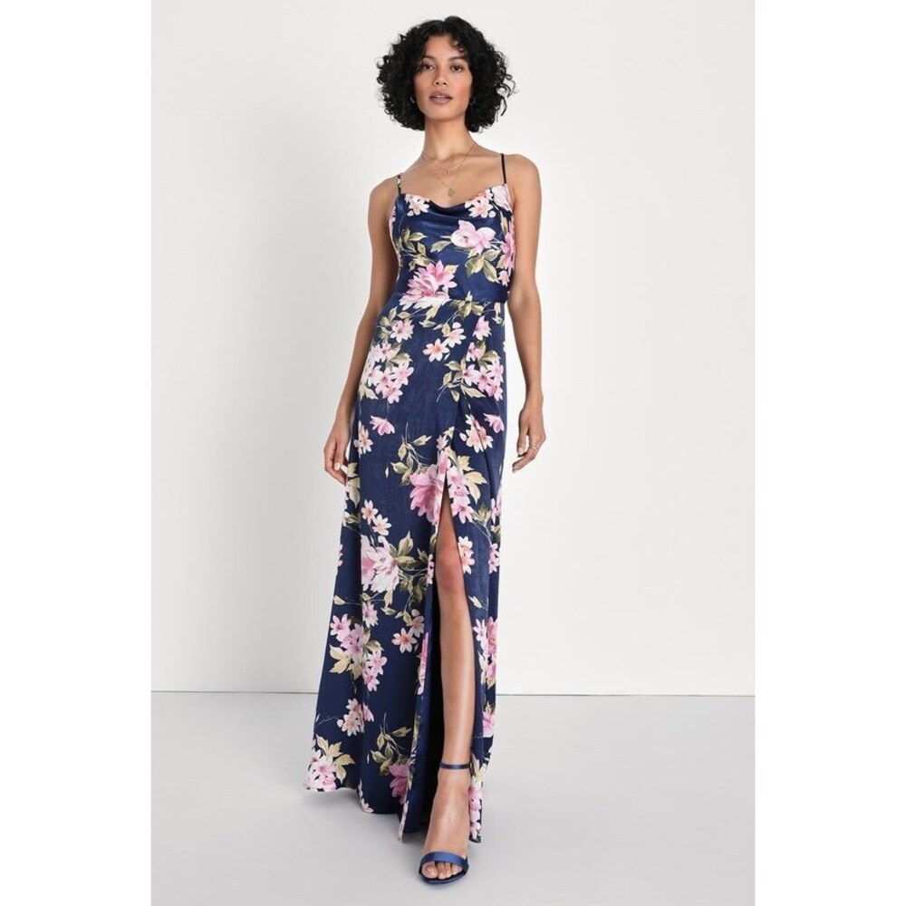 Lulus Love Of Romance Navy Floral Print Satin Cowl Neck Maxi Dress Blue - Size S